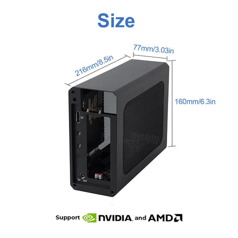 External Egpu Enclosure With Thunderbolt 4 Usb4 Compatibility And 240W Power Supply showing size dimensions, black metal casing.