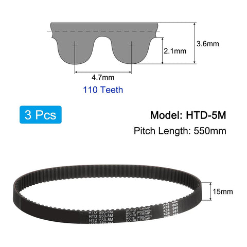 Three Pack HTD 5M Rubber Timing Belts Set With 110 Teeth 550mm Pitch Length 15mm Width 3.6mm Thick Closed Loop Pulley Belt Neoprene Rubber With Reinforced Nylon Cord High Torque Drive For CNC Machines And 3D Printers, 3 pcs