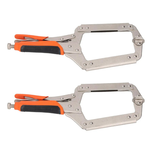 Super Tough Locking C Clamp Pliers Set Inch Duty Woodworking Face Tool With Rotating Pads For Welding And Pocket Hole Joinery Projects That Are 14 Inches Long, featuring two metal clamps with orange rubber grips.