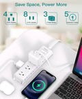 Ultra Slim Flat Plug Power Strip With Twelve Outlets And Three Sided Access Smooth Operator Five Foot Extension Cord on desk with charging phone.