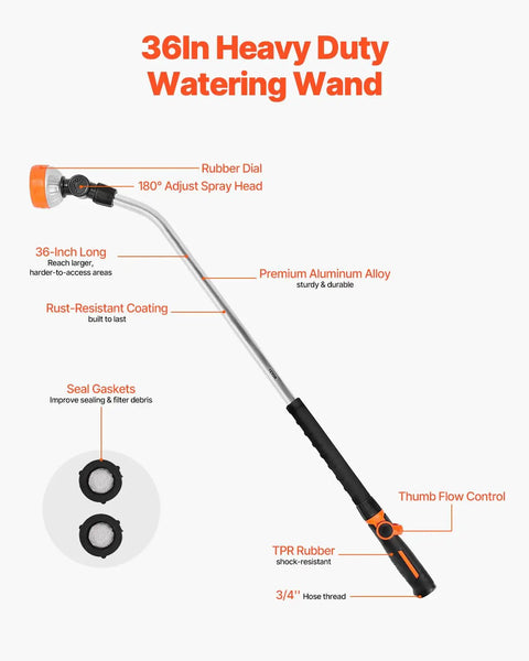 36 Inch Extra Long Beefy Heavy Duty Watering Wand With 8 Spray Patterns And 180 Degree Swivel Head On Off Thumb Control Garden Hose Sprayer Aluminum Alloy Grip For Reaching Hanging Baskets And Tall Plants shown in detail with features labeled.