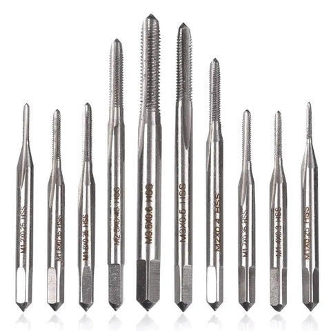 Top Shelf 10 Piece Mini Hand Tap Set With Dang Durable High Speed Steel Micro Bits, featuring M1 to M3.5 taps for precise threading.