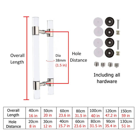 Clear Acrylic Push Pull Door Handle Set For Double Sided Use On Shower Barn Hotel And Patio Doors With Easy Installation No Fuss Durable Replacement Kit And All Hardware Included showing size and components