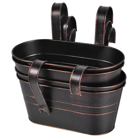 4 Pack Black Metal Hanging Flower Pots To Level Up Railing Decor Iron Planters With Drain Holes Rust Resistant Bucket Holders For Fence Balcony Yard Rock Solid Detachable Hooks, black metal pots with hooks.