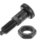 Heavy Duty Carbon Steel M12 Spring Plunger with knurled knob and nut for industrial machinery setup and clamping tasks.