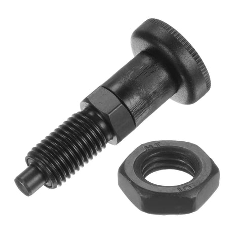 Heavy Duty Carbon Steel M12 Spring Plunger with knurled knob and nut for industrial machinery setup and clamping tasks.