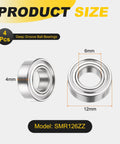 4 Pack SMR126ZZ Deep Groove Ball Bearings 6x12x4mm 440C Stainless Steel Double Shielded ABEC 5 Precision shown with dimensions