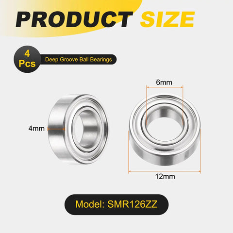4 Pack SMR126ZZ Deep Groove Ball Bearings 6x12x4mm 440C Stainless Steel Double Shielded ABEC 5 Precision shown with dimensions