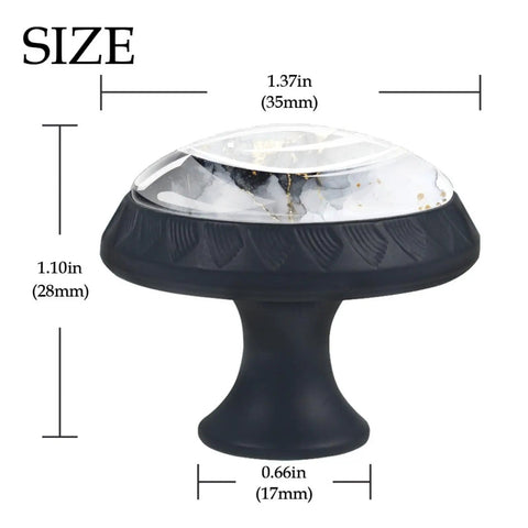 Four Pack 1.37 Inch Round Cabinet Knobs With A Slick Marble Texture Black Finish Kitchen Cupboard Handles Smooth Dresser Drawer Pulls Includes Heavy Duty Screws For A Top Shelf Upgrade showing size dimensions.
