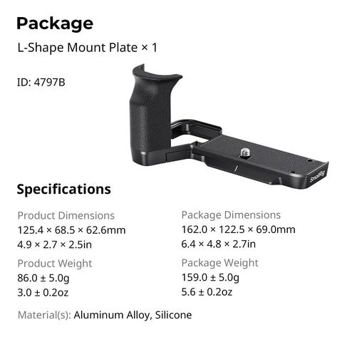 L Shape Handgrip For Sony Alpha 7C II And A7CR With Arca Quick Release Plate, aluminum and silicone materials, product dimensions