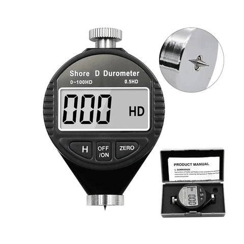 Professional Digital Shore Durometer Rubber Hardness Tester Meter featuring dead on readings, handheld with black shell and digital display.