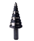 M2 HSS Step Drill Bit Unibit For Metal Wood And Plastic Quarter To One And One Eighth Inch Sizes Delivers Sharper Faster Holes Like A Boss With Longer Life For Stainless Steel And More SHARPTOOL shown in stepped design.