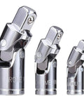 3 Piece Universal Joint Socket Set For One Quarter Inch Drive, Three Eighth Inch Drive And One Half Inch Drive With Swivel Ratchet Sockets, Chrome Vanadium Steel, Built Tough For Auto Maintenance And Repairs, three sizes