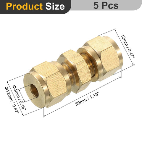 Brass Compression Tube Fitting Set For 4mm Tubing, NPT Thread, Union And Sleeves, Straight Coupling Adapter, 5 Pieces