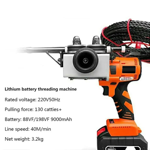 Professional Grade Cordless Electric Wire Threader With 800W Brushless Motor And Non Slip Rubberized Grip Designed For Straight Up Pro Job Sites, showcasing the front view with wire feed.