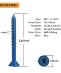Torx Drive Concrete Screws Quarter Inch By Two And A Quarter Inch Masonry Fasteners, blue, with dimensions and Torx head detail