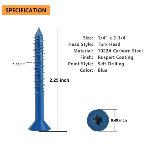 Torx Drive Concrete Screws Quarter Inch By Two And A Quarter Inch Masonry Fasteners, blue, with dimensions and Torx head detail