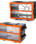 Heavy Duty Plastic Hardware Toolbox With Slide Out Compartments For Screws Bolts And Parts Organizer, transparent lid, black base, orange clips.