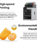 PLA Basic Filament 1.75mm for Fast 3D Printing, eco-friendly filament made from renewable plant resources, high-speed printer displayed.