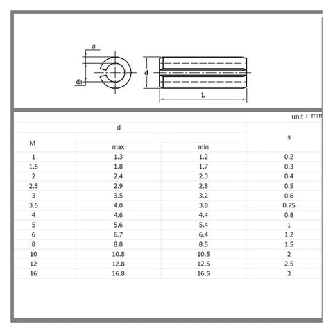 Technical drawing and size chart for Spring Dowel Roll Pin Set M6x10 To 60mm Carbon Steel Black Finish For Home Workshop And Machine Fasteners