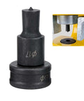 Hydraulic Round Hole Punch Die Set for CH70 and CH60 machines, shown with 17mm diameter die and punch in action on metal surface.