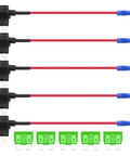 5 Pack 12V Add A Circuit Tap Adapter Fuse Holder With 30A Blade Fuses arranged in a line, showing wires and fuse holders in detail.