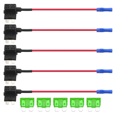 5 Pack 12V Add A Circuit Tap Adapter Fuse Holder With 30A Blade Fuses arranged in a line, showing wires and fuse holders in detail.