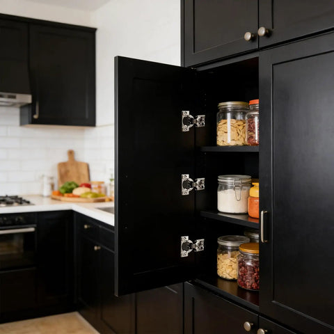 Smooth As Butter Soft Close Cabinet Hinges For Face Frame Doors Half Inch Overlay Concealed Hardware With Quiet Closing Action And Easy Adjustment Five Pack Set For Kitchen Cabinetry on black cabinets.