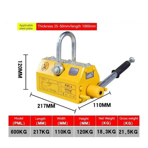 Heavy Duty Permanent Magnetic Lifter Built Like A Tank With A Beefy U Loop Shackle Hook For Straight Up 600kg Steel Lifting And Scrap Handling Around The Shop Without Any Plug In Drama Today, 217mm x 110mm x 120mm.
