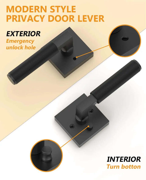 4 Pack Black Privacy Door Handles Set With Inside Button Levers for Bedroom and Bathroom showing emergency unlock hole and turn button