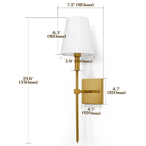 Gold Wall Sconces Set Of 2 Hardwired Dimmable Slick Slim Metal Wall Lighting With Fabric Shades side view dimensions