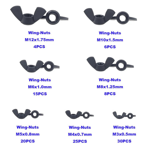 Metric Black Nylon Butterfly Wing Nuts Assortment Kit Features Seven Sizes From M3 To M12 displayed in organized layout with packaging details.