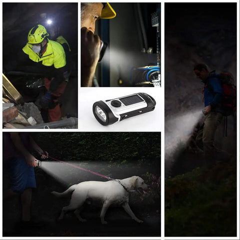 Go To Solar Powered Hand Crank Flashlight for camping and outdoors, showing different usage scenarios including hiking and dog walking.