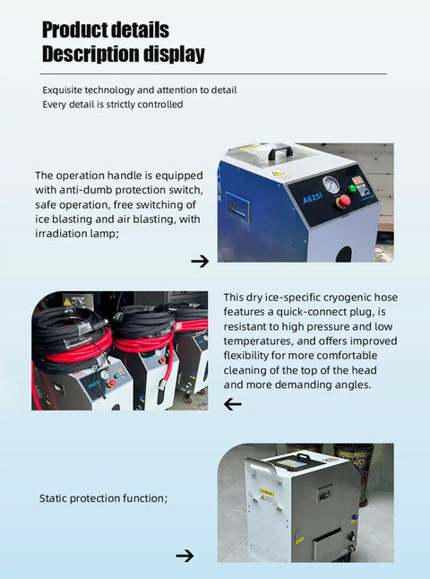 Real Deal Dry Ice Blasting Machine With Wireless Spray Gun, featuring operation handle and hoses for effective grime removal.