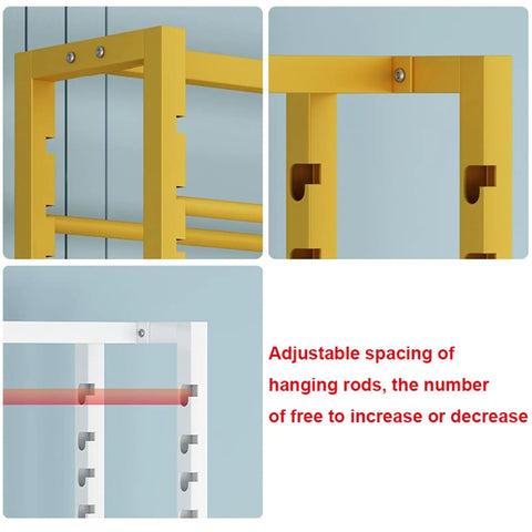 Close-up of Heavy Duty Mobile Fabric Roll Storage Rack On Casters, Adjustable 18 Rod Organizer for vinyl, showcasing adjustable rod spacing.