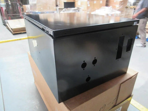 Black 20x16x10 Industrial Control Panel Enclosure NEMA 4 and 12 on a box, steel weatherproof electrical cabinet, side view