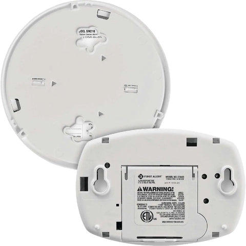 Back view of Battery Powered Photoelectric Smoke And Carbon Monoxide Alarm Combo 2 Pack Dual Sensor Protection For Home Easy Install Long Life Battery Model SM210 CO400 10 Year Warranty
