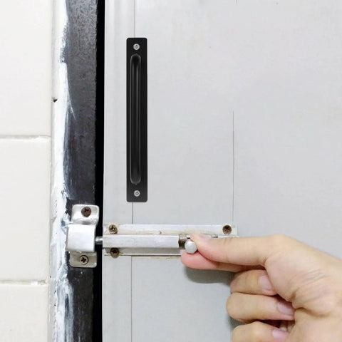 Sliding Barn Door Pull Handles Set In Black Aluminum 128mm Hole Spacing mounted on white door.