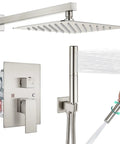 All In One Shower System With 10 Inch Square Rain Head, 2 In 1 Handheld Sprayer, Wall Mount Rough In Valve, Brushed Nickel Finish