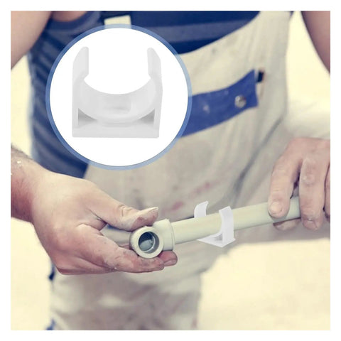 Man using U Shape Pipe Clamp White PVC Hose Clips for Small Thin Wall Hoses Ideal for Air Water and Fuel Lines 50 Pcs DIY Mounting Clips Easy Install with Silicone Fixing Solution Included