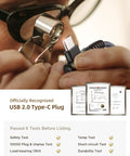 Close-up of Right Angle USB A to USB C Car Cable 3.3 Ft, certification documents, and testing badges for quality assurance.
