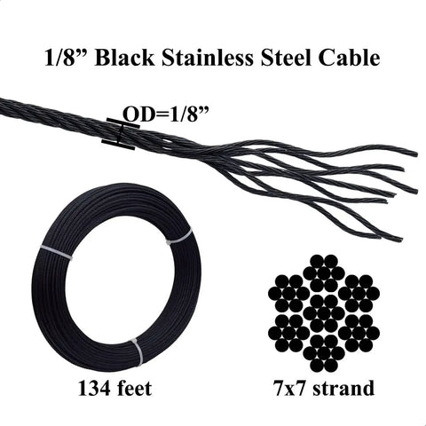 Black Stainless Steel Wire Rope Cable One Eighth Inch Seven By Seven Strand Construction For Black Cable Railing System 134 Feet Long Display