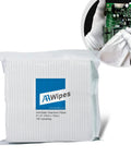 AAWipes cleanroom wipe cloths, ESD-safe polyester, lint-free, 6x6 in, 100 pcs bag; PCB inset shows use.