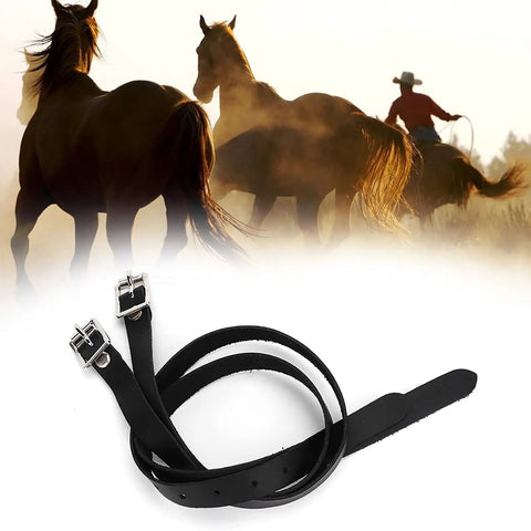 Two Pack Adjustable Leather Spur Straps For Western Boots, Durable PU Outer Layer With Soft Faux Leather Inner, shown with horses