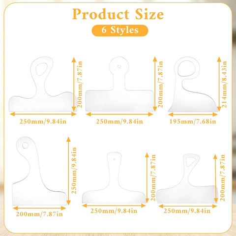 Slick Clear Acrylic Charcuterie Board Templates Kit With Three Woodworking Pens Dope Router Guides And Curved Handle Stencils For Custom Kitchen Crafting And Diy Maker Projects showing six styles with dimensions.