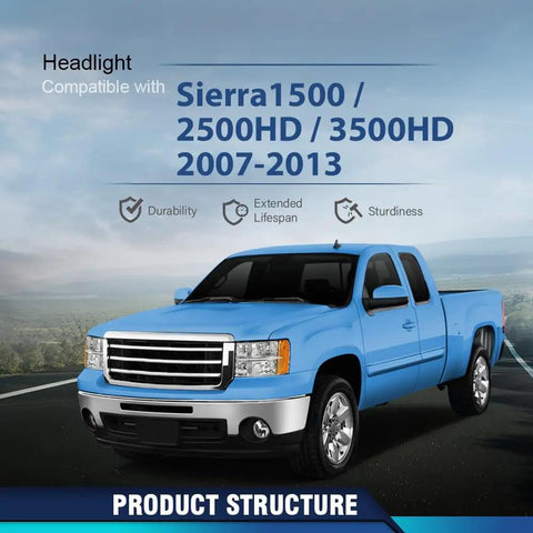 Headlights Assembly For 2007-2013 GMC Sierra 1500 And 2007-2014 GMC Sierra 2500HD 3500HD with blue truck.