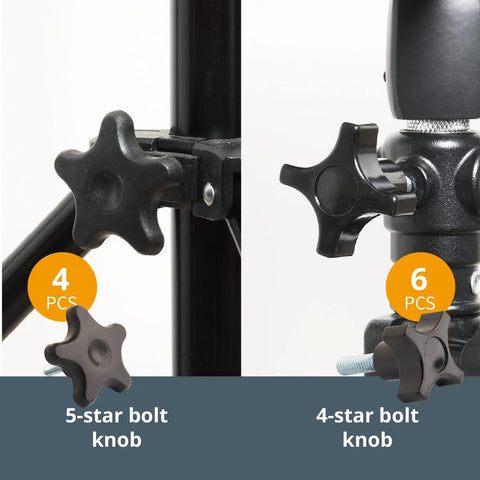 Close-up of 5-star and 4-star bolt knobs, part of 128 Piece T Track Knob Kit With 5/16-18 Threaded Bolts And Washers For DIY Woodworking Jigs