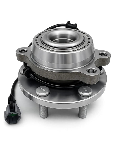 Front Wheel Bearing Hub Assembly Fits Nissan Frontier 2005 Through 2025, Pathfinder 2005 Through 2012, Xterra 2005 Through 2015, Suzuki Equator 2009 Through 2012, showing 6-lug bolts and ABS sensor, durable replacement for 4WD 4x4 vehicles.