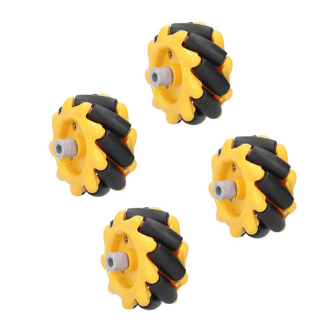 Set of four yellow 48mm mecanum wheels with rubber-coated black rollers for DIY robot cars