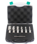 Front view of OSCARBIDE 7-piece annular cutter set in a plastic case; Weldon shanks, silver HSS cutters with pilot pin